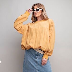Easel Gold Boxy Pleated Long Sleeve Blouse